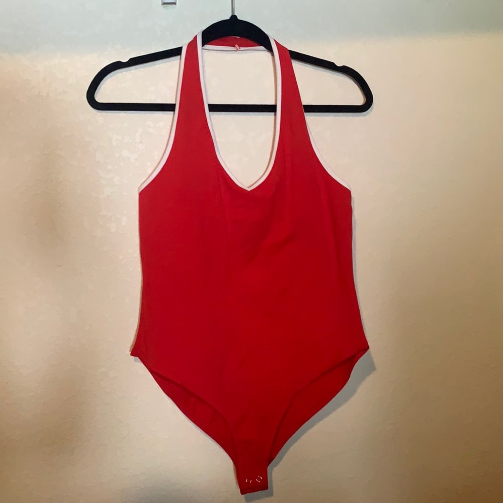 Red halter top bodysuit